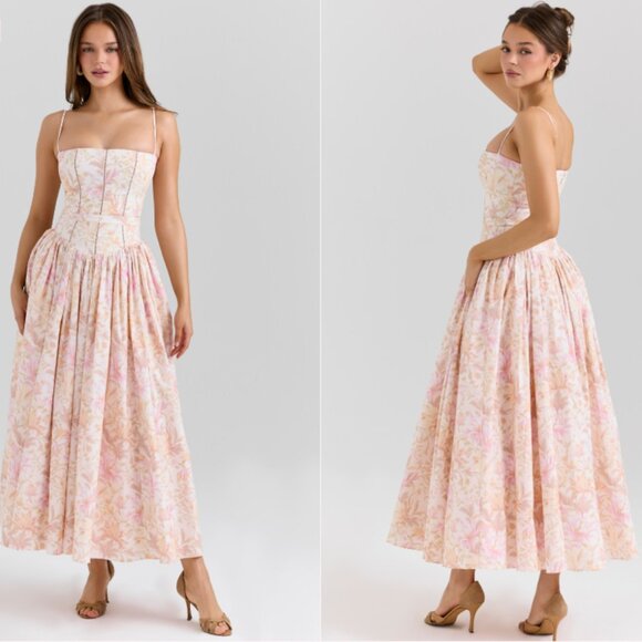 House of CB Ysabella peach floral print stretch cotton midi sundress NWOT